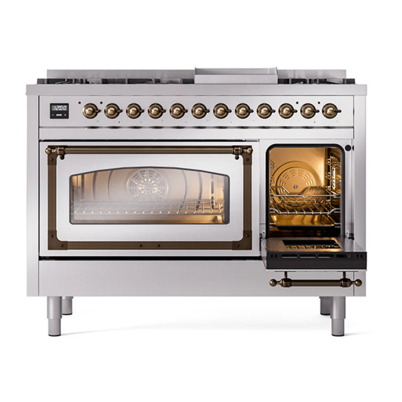 ILVE Nostalgie II Noblesse 48" Dual Fuel Freestanding Range in Stainless Steel with Burnished Trim, UN48FNMPSSB