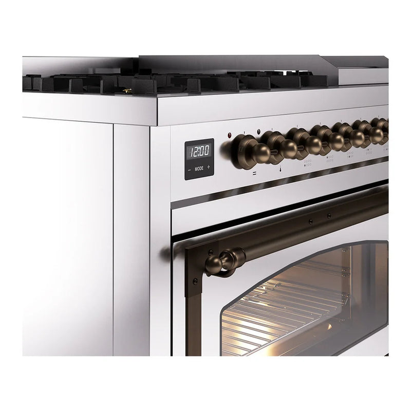 ILVE Nostalgie II Noblesse 48" Dual Fuel Freestanding Range in Stainless Steel with Burnished Trim, UN48FNMPSSB