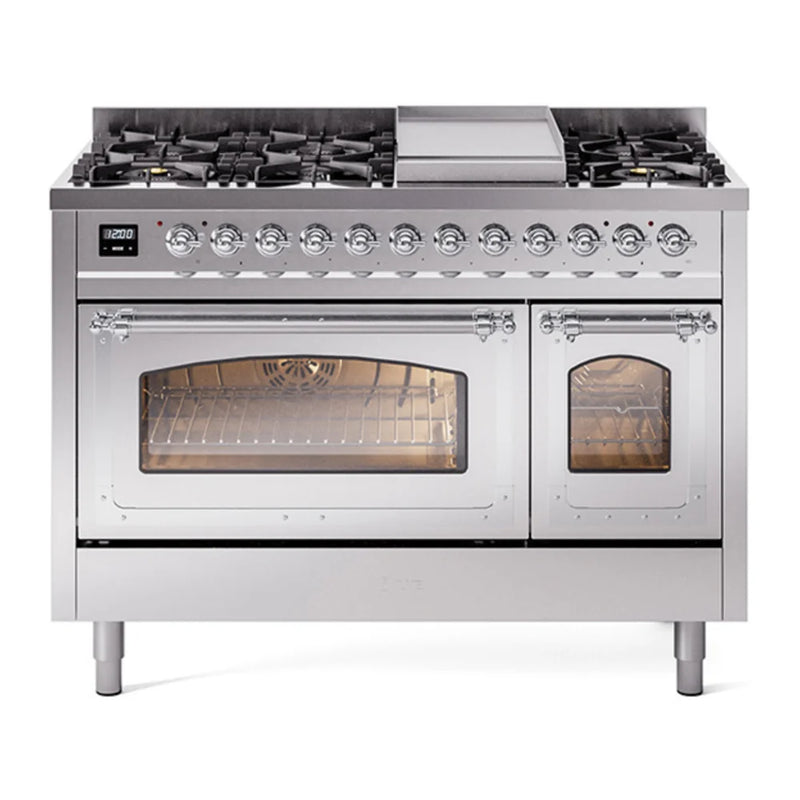ILVE Nostalgie II Noblesse 48" Dual Fuel Freestanding Range in Stainless Steel with Chrome Trim, UN48FNMPSSCLP