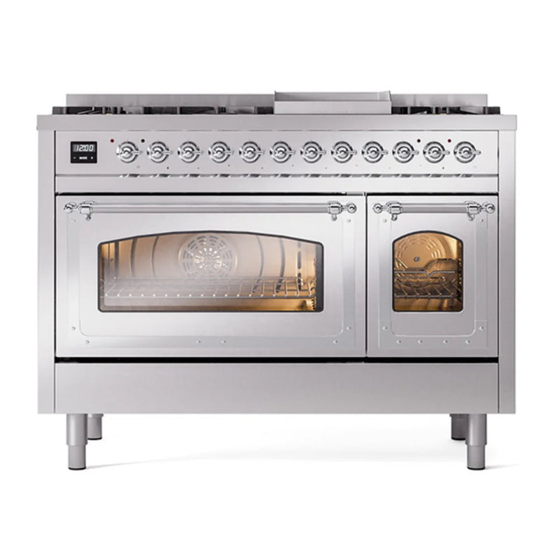 ILVE Nostalgie II Noblesse 48" Dual Fuel Freestanding Range in Stainless Steel with Chrome Trim, UN48FNMPSSC