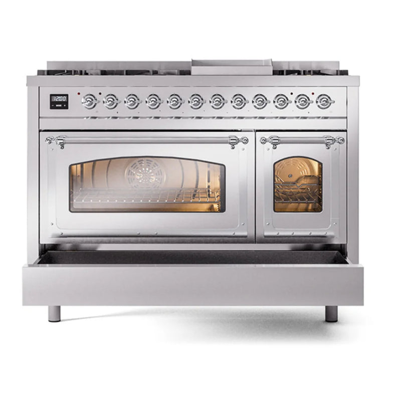 ILVE Nostalgie II Noblesse 48" Dual Fuel Freestanding Range in Stainless Steel with Chrome Trim, UN48FNMPSSC