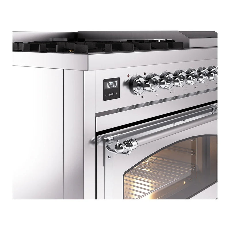 ILVE Nostalgie II Noblesse 48" Dual Fuel Freestanding Range in Stainless Steel with Chrome Trim, UN48FNMPSSC