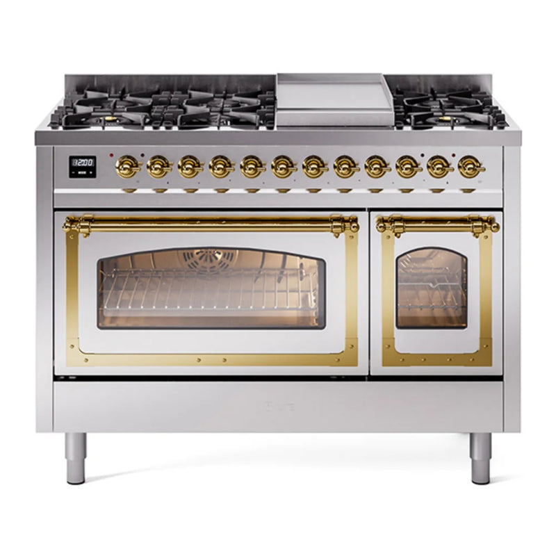 ILVE Nostalgie II Noblesse 48" Dual Fuel Freestanding Range in Stainless Steel with Brass Trim, UN48FNMPSSGLP