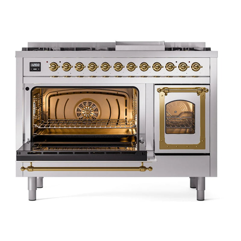 ILVE Nostalgie II Noblesse 48" Dual Fuel Freestanding Range in Stainless Steel with Brass Trim, UN48FNMPSSGLP