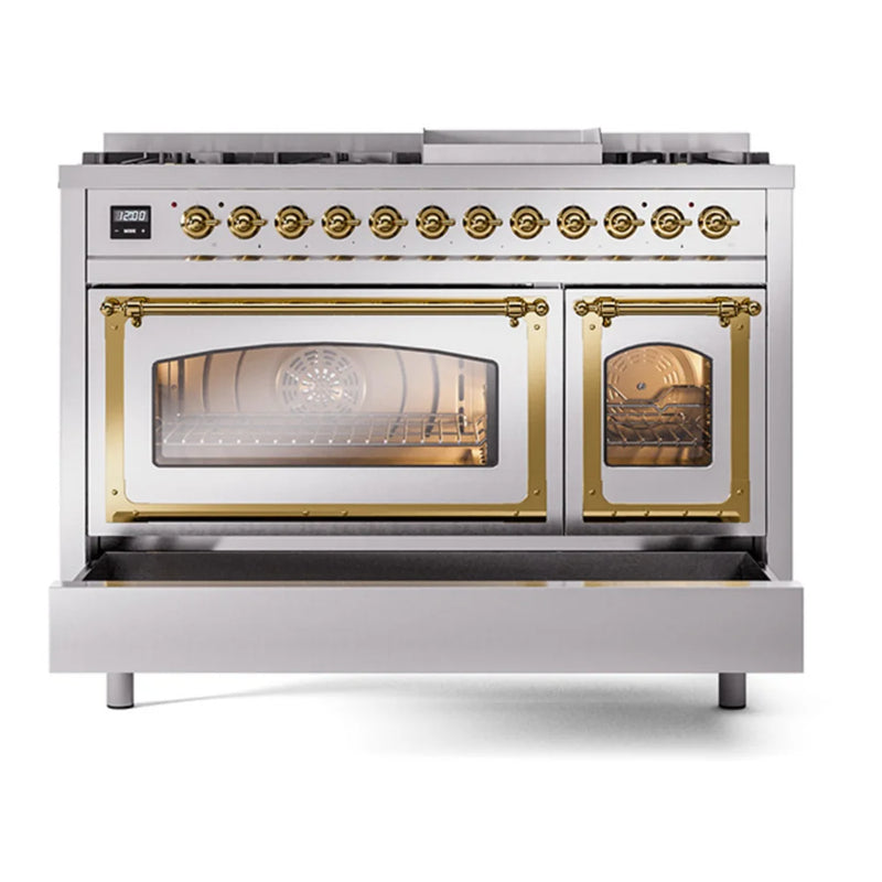 ILVE Nostalgie II Noblesse 48" Dual Fuel Freestanding Range in Stainless Steel with Brass Trim, UN48FNMPSSGLP