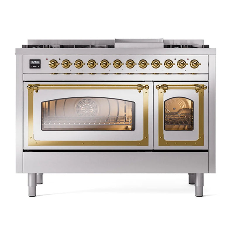 ILVE Nostalgie II Noblesse 48" Dual Fuel Freestanding Range in Stainless Steel with Brass Trim, UN48FNMPSSG