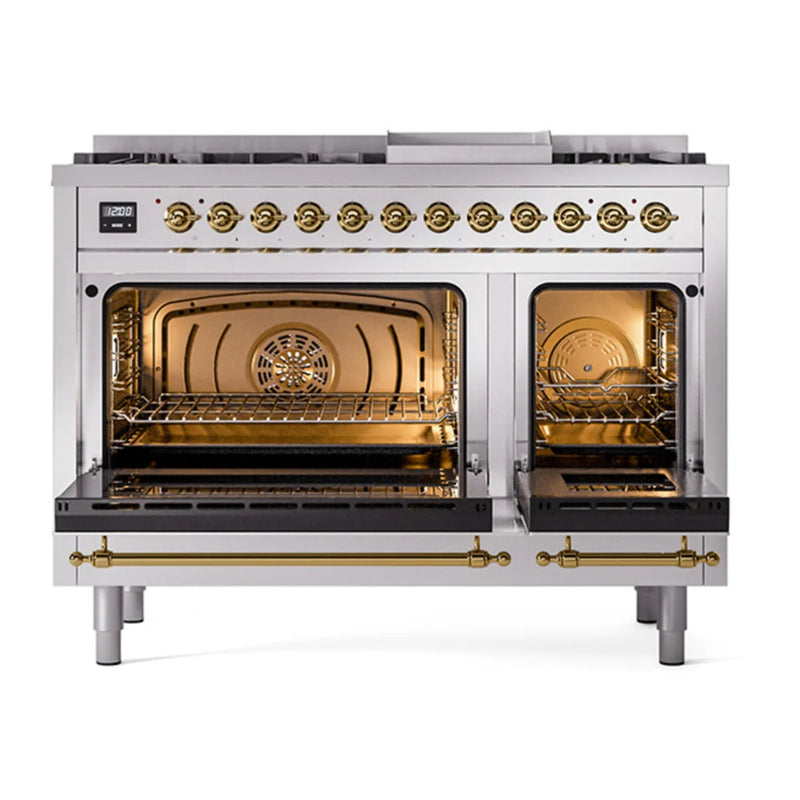 ILVE Nostalgie II Noblesse 48" Dual Fuel Freestanding Range in Stainless Steel with Brass Trim, UN48FNMPSSG