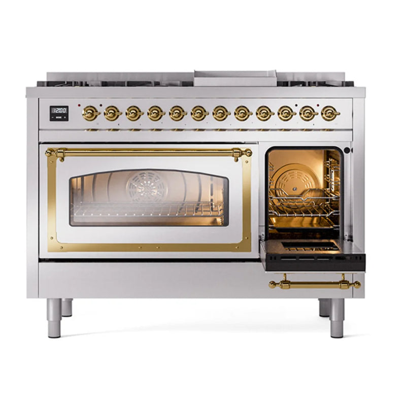 ILVE Nostalgie II Noblesse 48" Dual Fuel Freestanding Range in Stainless Steel with Brass Trim, UN48FNMPSSG