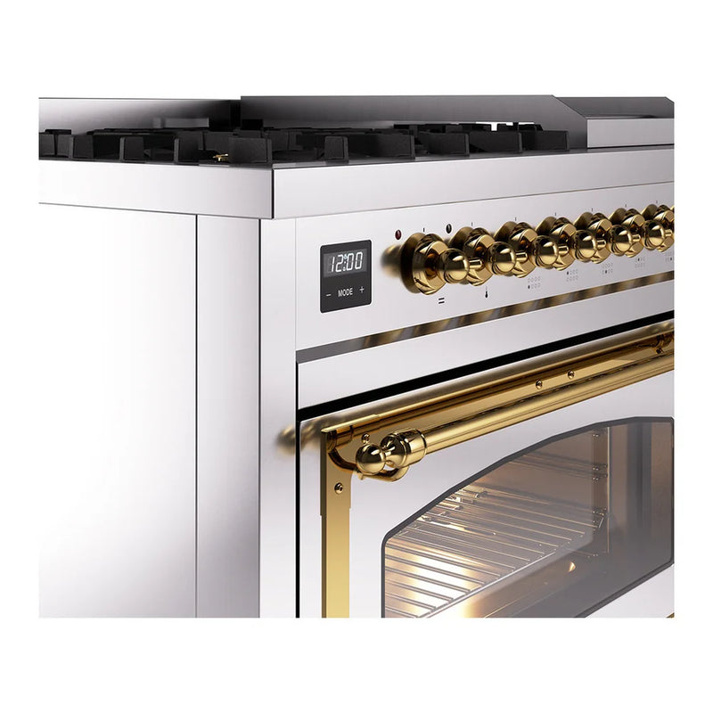 ILVE Nostalgie II Noblesse 48" Dual Fuel Freestanding Range in Stainless Steel with Brass Trim, UN48FNMPSSG
