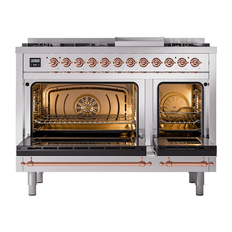 ILVE Nostalgie II Noblesse 48" Dual Fuel Freestanding Range in Stainless Steel with Copper Trim, UN48FNMPSSPLP