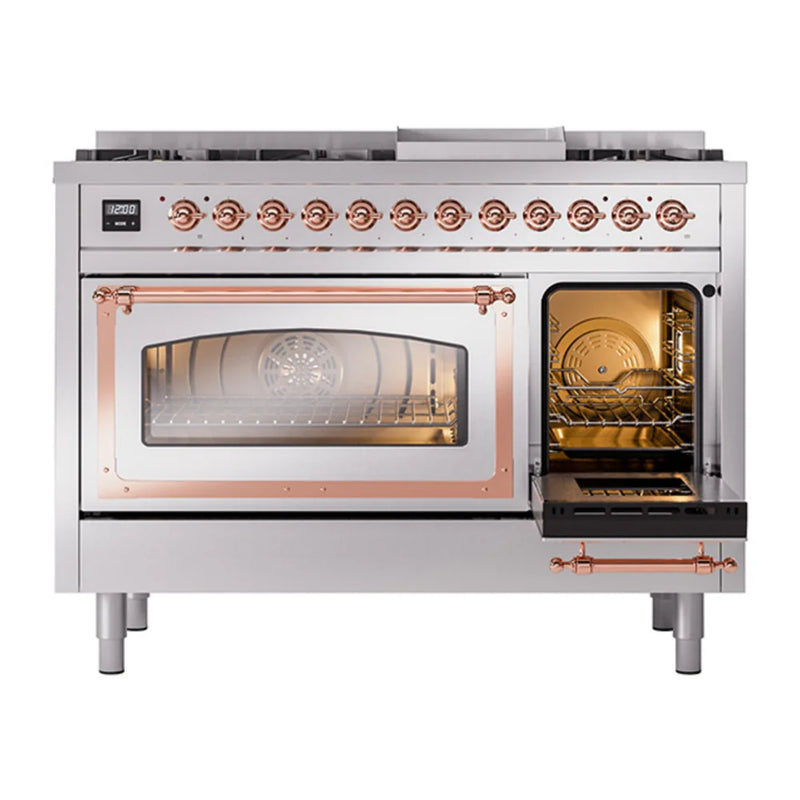 ILVE Nostalgie II Noblesse 48" Dual Fuel Freestanding Range in Stainless Steel with Copper Trim, UN48FNMPSSPLP