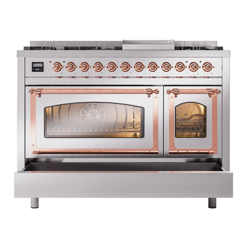 ILVE Nostalgie II Noblesse 48" Dual Fuel Freestanding Range in Stainless Steel with Copper Trim, UN48FNMPSSPLP