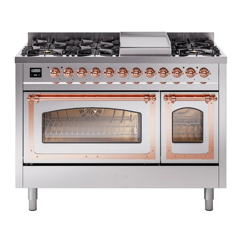 ILVE Nostalgie II Noblesse 48" Dual Fuel Freestanding Range in Stainless Steel with Copper Trim, UN48FNMPSSP