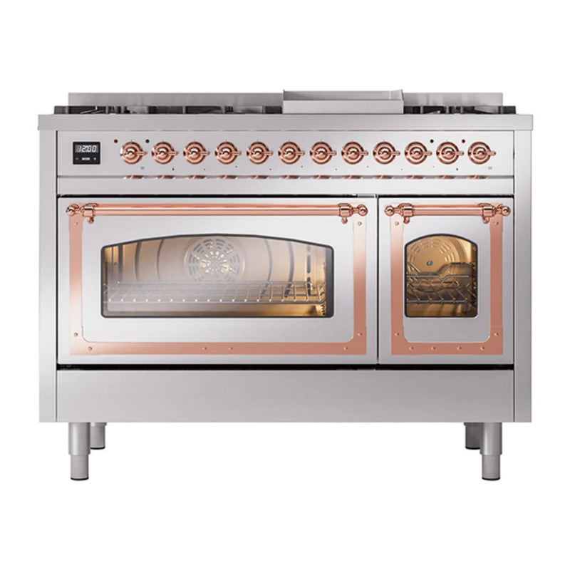 ILVE Nostalgie II Noblesse 48" Dual Fuel Freestanding Range in Stainless Steel with Copper Trim, UN48FNMPSSP