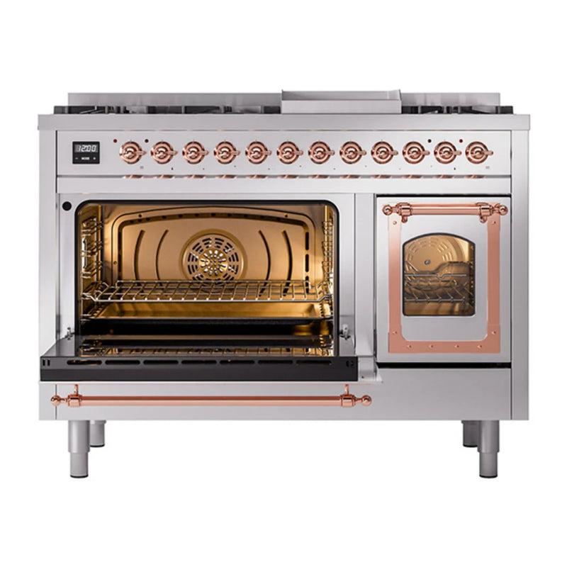ILVE Nostalgie II Noblesse 48" Dual Fuel Freestanding Range in Stainless Steel with Copper Trim, UN48FNMPSSP