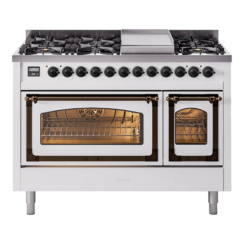ILVE Nostalgie II Noblesse 48" Dual Fuel Freestanding Range in White with Burnished Trim, UN48FNMPWHBLP