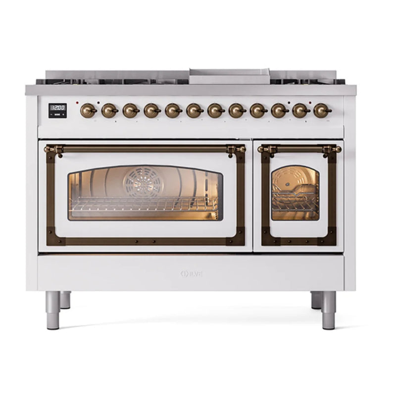 ILVE Nostalgie II Noblesse 48" Dual Fuel Freestanding Range in White with Burnished Trim, UN48FNMPWHBLP