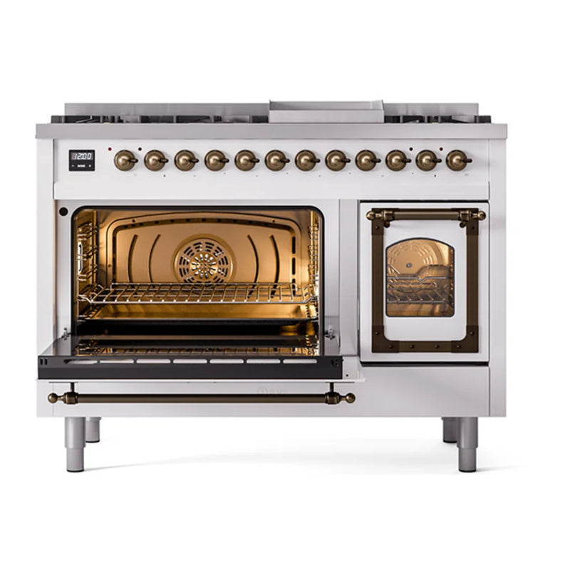 ILVE Nostalgie II Noblesse 48" Dual Fuel Freestanding Range in White with Burnished Trim, UN48FNMPWHBLP