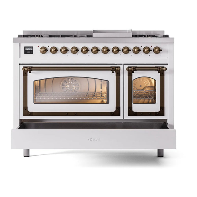 ILVE Nostalgie II Noblesse 48" Dual Fuel Freestanding Range in White with Burnished Trim, UN48FNMPWHBLP