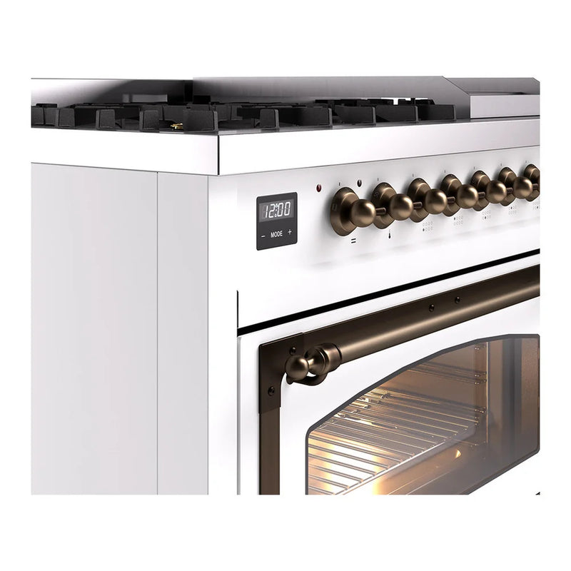 ILVE Nostalgie II Noblesse 48" Dual Fuel Freestanding Range in White with Burnished Trim, UN48FNMPWHBLP
