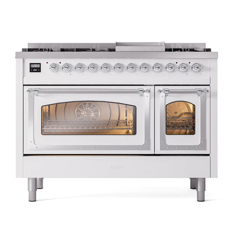 ILVE Nostalgie II Noblesse 48" Dual Fuel Freestanding Range in White with Chrome Trim, UN48FNMPWHCLP