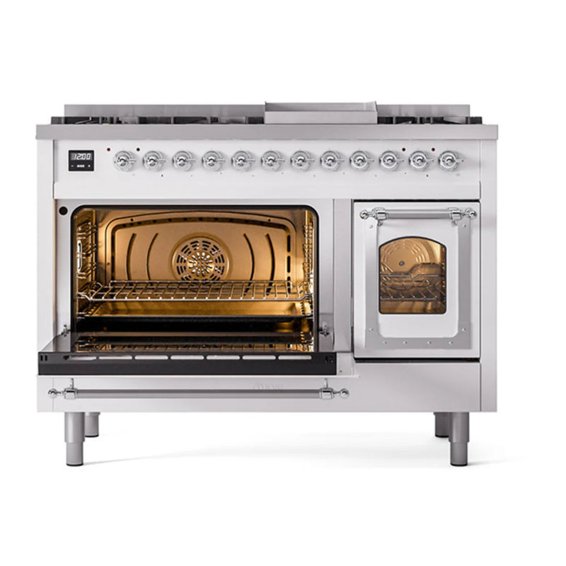 ILVE Nostalgie II Noblesse 48" Dual Fuel Freestanding Range in White with Chrome Trim, UN48FNMPWHCLP
