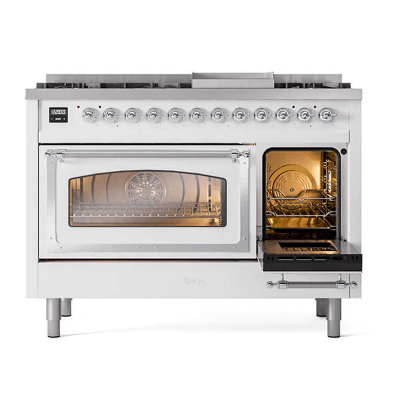 ILVE Nostalgie II Noblesse 48" Dual Fuel Freestanding Range in White with Chrome Trim, UN48FNMPWHCLP