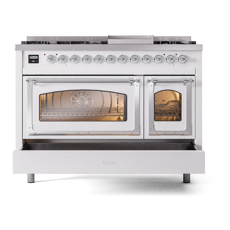 ILVE Nostalgie II Noblesse 48" Dual Fuel Freestanding Range in White with Chrome Trim, UN48FNMPWHCLP