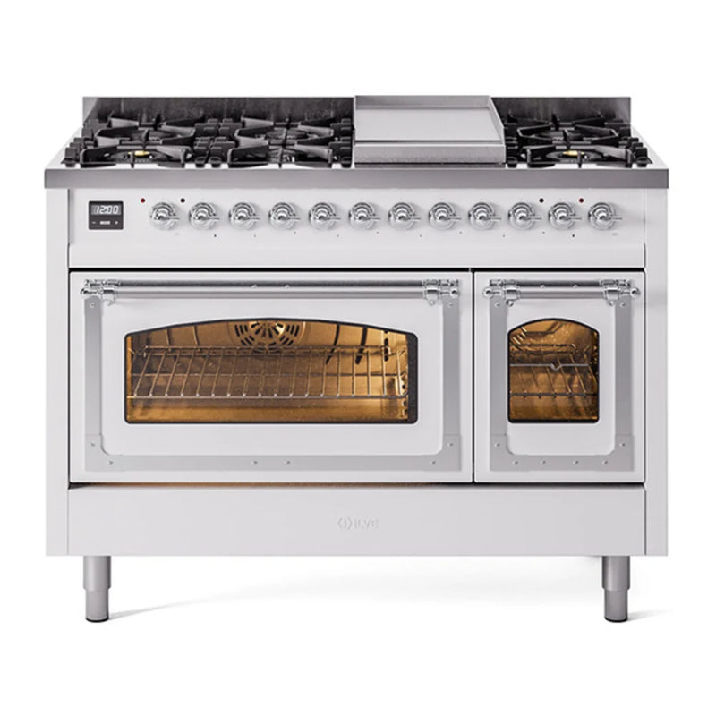 ILVE Nostalgie II Noblesse 48" Dual Fuel Freestanding Range in White with Chrome Trim, UN48FNMPWHC