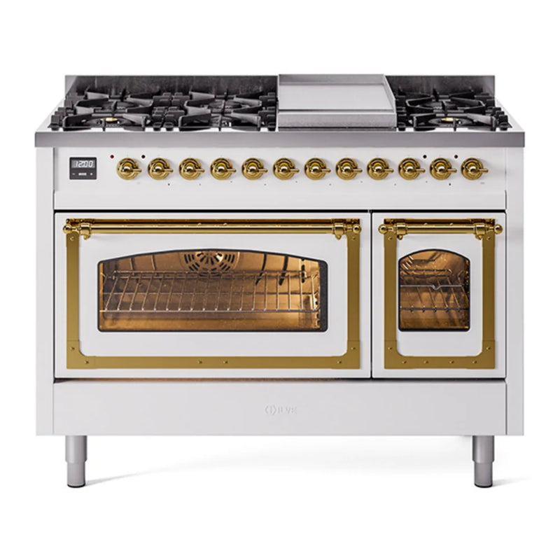 ILVE Nostalgie II Noblesse 48" Dual Fuel Freestanding Range in White with Brass Trim, UN48FNMPWHGLP