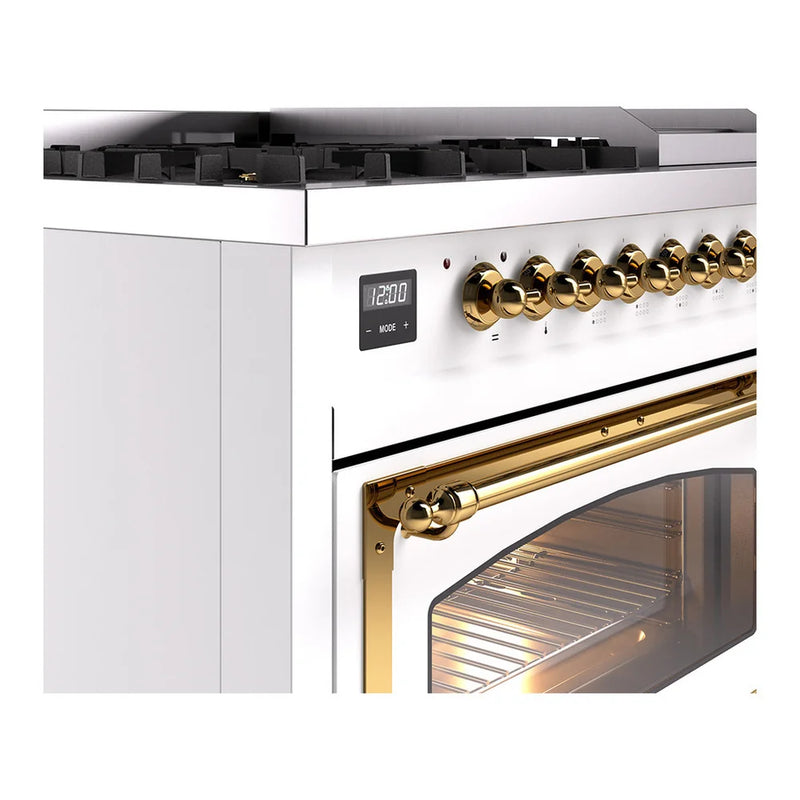 ILVE Nostalgie II Noblesse 48" Dual Fuel Freestanding Range in White with Brass Trim, UN48FNMPWHGLP
