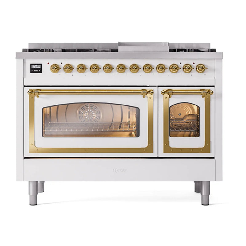 ILVE Nostalgie II Noblesse 48" Dual Fuel Freestanding Range in White with Brass Trim, UN48FNMPWHG