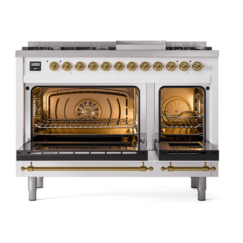 ILVE Nostalgie II Noblesse 48" Dual Fuel Freestanding Range in White with Brass Trim, UN48FNMPWHG