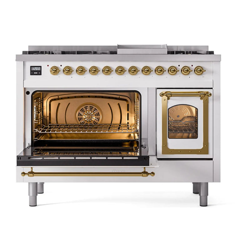 ILVE Nostalgie II Noblesse 48" Dual Fuel Freestanding Range in White with Brass Trim, UN48FNMPWHG