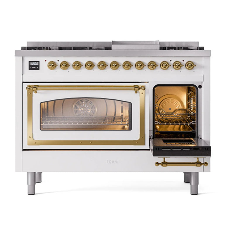 ILVE Nostalgie II Noblesse 48" Dual Fuel Freestanding Range in White with Brass Trim, UN48FNMPWHG