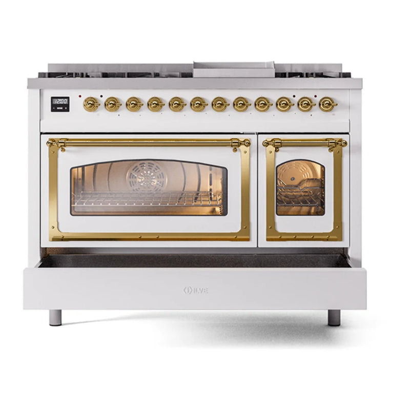ILVE Nostalgie II Noblesse 48" Dual Fuel Freestanding Range in White with Brass Trim, UN48FNMPWHG