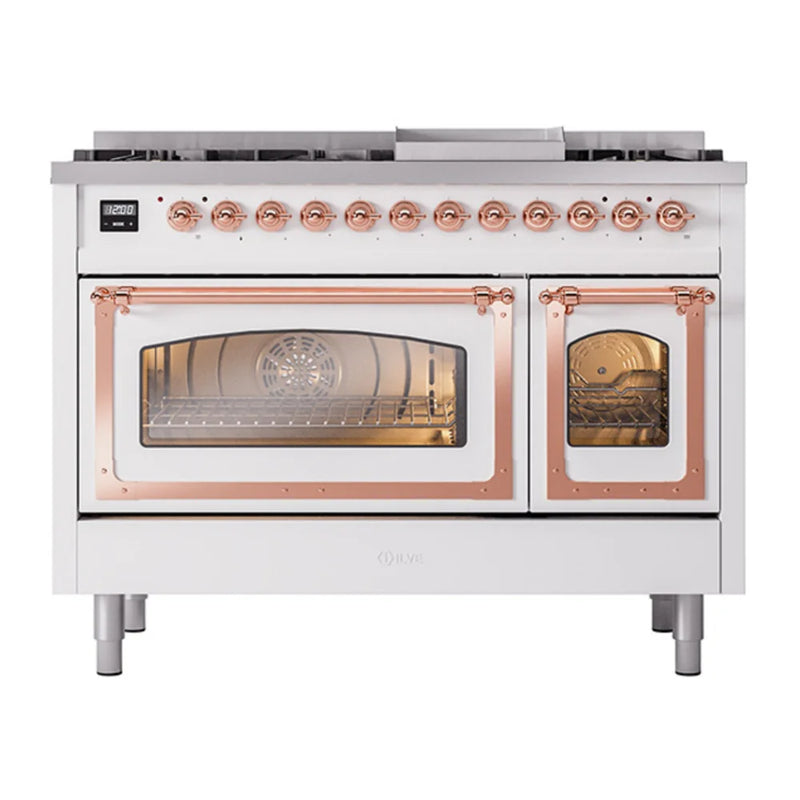 ILVE Nostalgie II Noblesse 48" Dual Fuel Freestanding Range in White with Copper Trim, UN48FNMPWHPLP