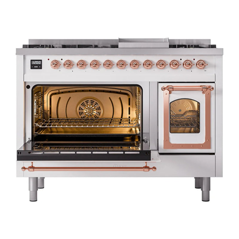 ILVE Nostalgie II Noblesse 48" Dual Fuel Freestanding Range in White with Copper Trim, UN48FNMPWHPLP