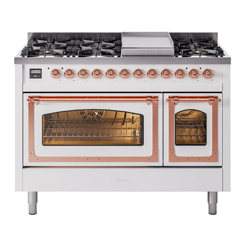 ILVE Nostalgie II Noblesse 48" Dual Fuel Freestanding Range in White with Copper Trim, UN48FNMPWHP