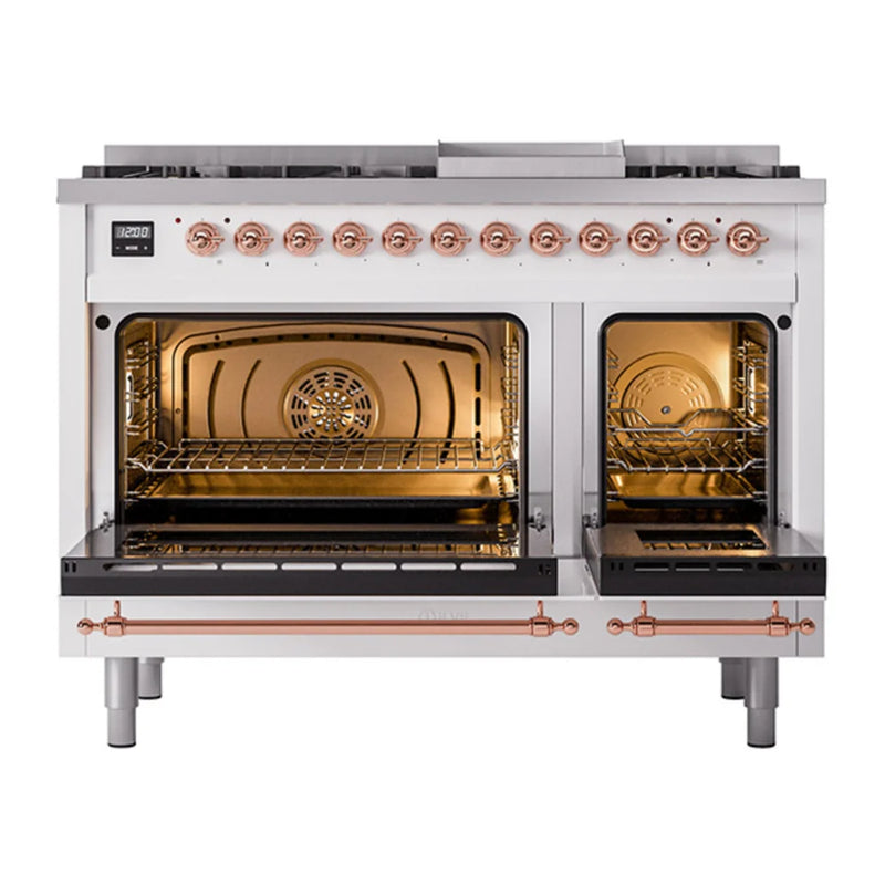ILVE Nostalgie II Noblesse 48" Dual Fuel Freestanding Range in White with Copper Trim, UN48FNMPWHP