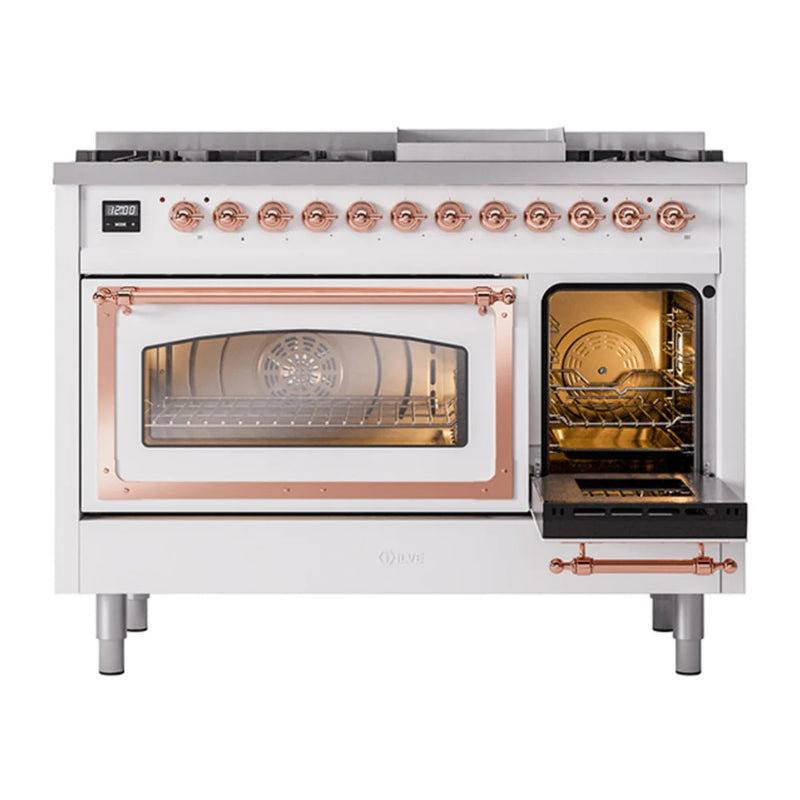 ILVE Nostalgie II Noblesse 48" Dual Fuel Freestanding Range in White with Copper Trim, UN48FNMPWHP