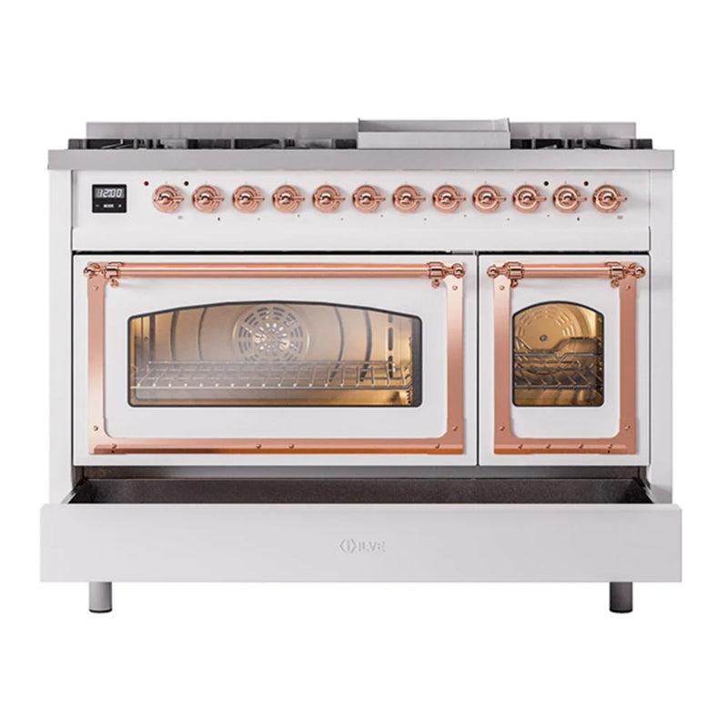 ILVE Nostalgie II Noblesse 48" Dual Fuel Freestanding Range in White with Copper Trim, UN48FNMPWHP