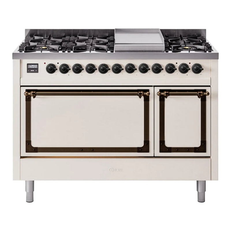 ILVE Nostalgie II Noblesse 48" Dual Fuel Freestanding Range in Antique White with Burnished Trim, UN48FQNMPAWBLP