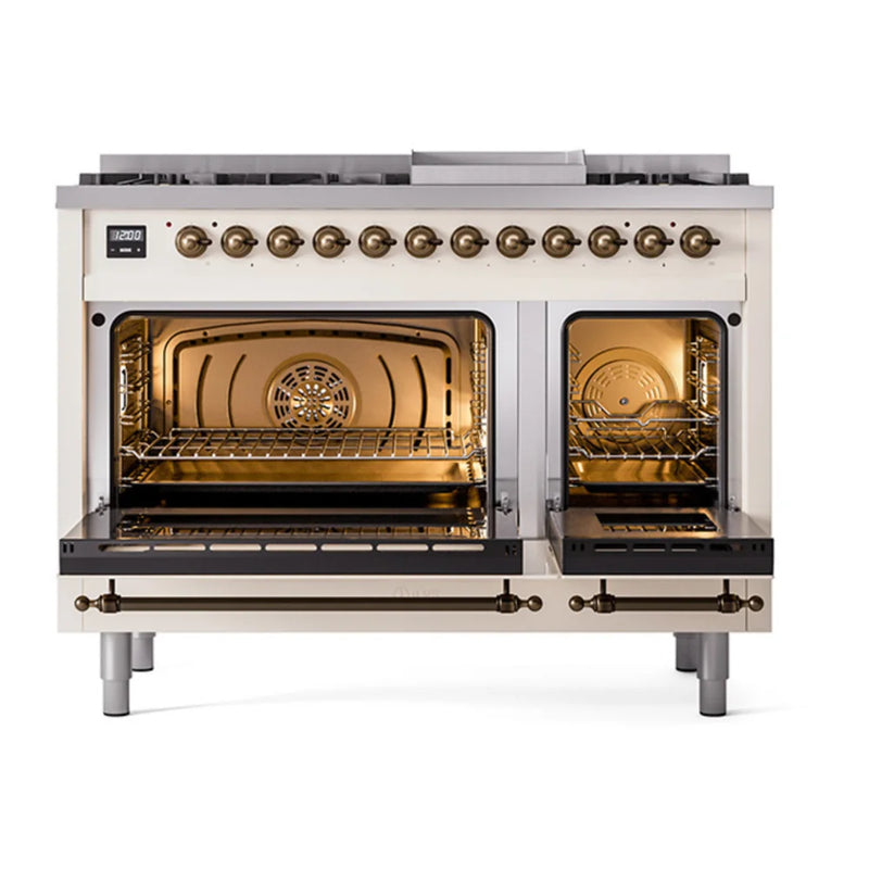 ILVE Nostalgie II Noblesse 48" Dual Fuel Freestanding Range in Antique White with Burnished Trim, UN48FQNMPAWB
