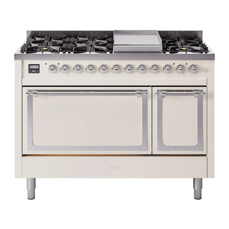 ILVE Nostalgie II Noblesse 48" Dual Fuel Freestanding Range in Antique White with Chrome Trim, UN48FQNMPAWCLP