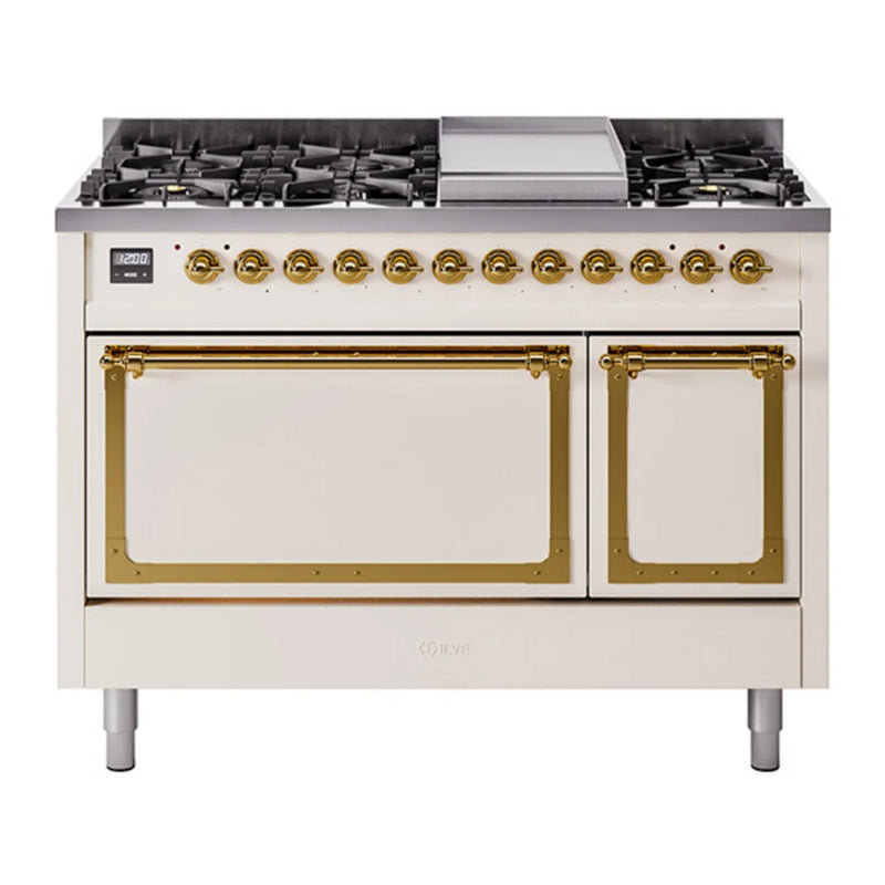 ILVE Nostalgie II Noblesse 48" Dual Fuel Freestanding Range in Antique White with Brass Trim, UN48FQNMPAWG