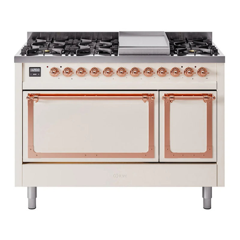 ILVE Nostalgie II Noblesse 48" Dual Fuel Freestanding Range in Antique White with Copper Trim, UN48FQNMPAWP