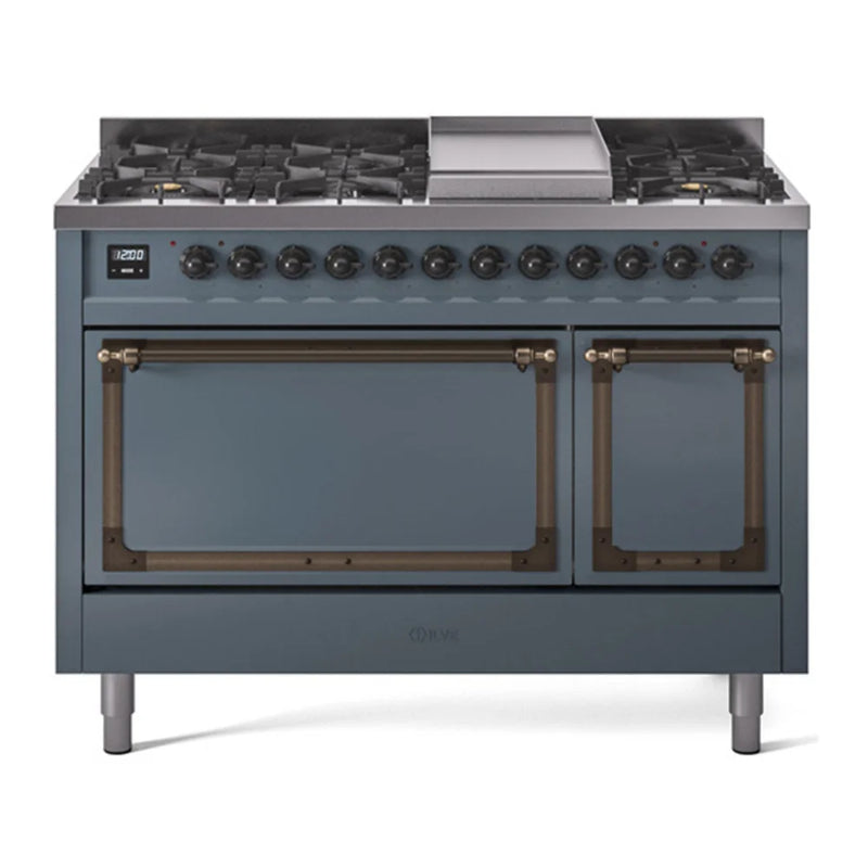 ILVE Nostalgie II Noblesse 48" Dual Fuel Freestanding Range in Blue Grey with Burnished Trim, UN48FQNMPBGB