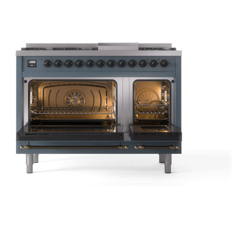 ILVE Nostalgie II Noblesse 48" Dual Fuel Freestanding Range in Blue Grey with Burnished Trim, UN48FQNMPBGB