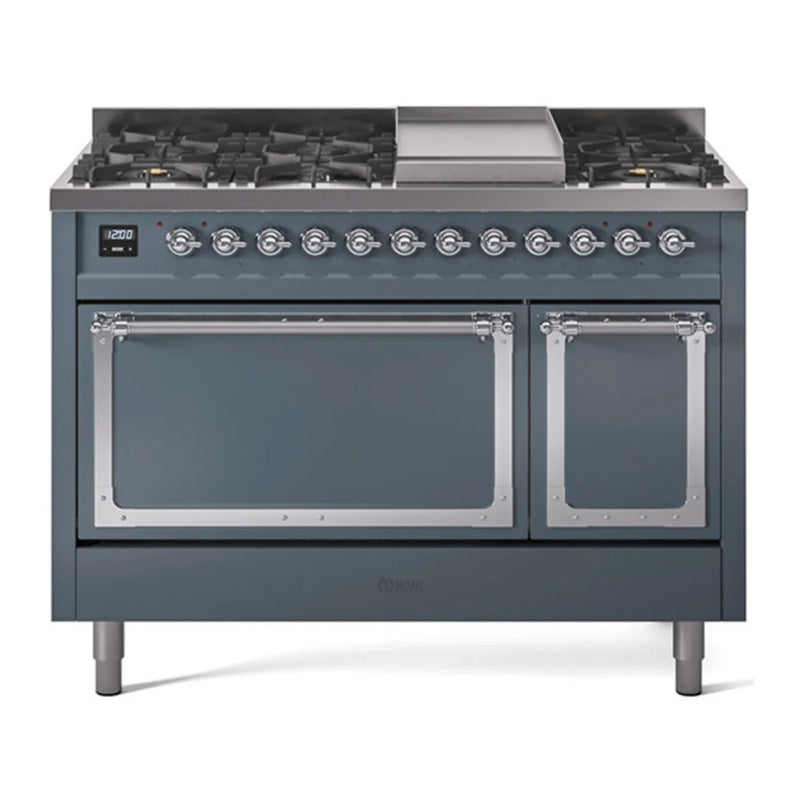 ILVE Nostalgie II Noblesse 48" Dual Fuel Freestanding Range in Blue Grey with Chrome Trim, UN48FQNMPBGC